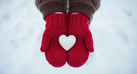 Female hands in red mittens holding a white heart on a snowy background