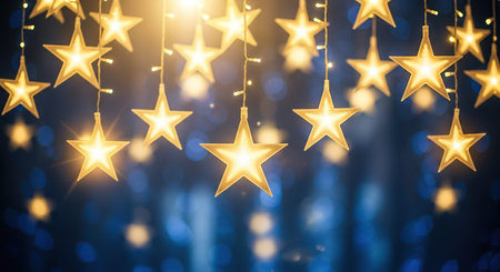 Christmas and New Year background with golden stars and bokeh lightsの写真素材