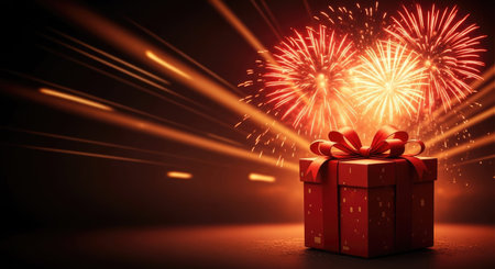 Gift box with red bow and fireworks on dark background 3D rendering