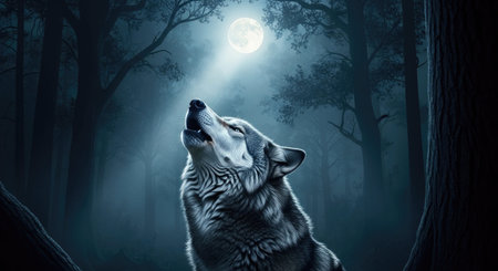 Wolf in the forest at night with full moon. 3D rendering