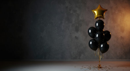Black balloons and gold star on concrete wall background. 3D Rendering