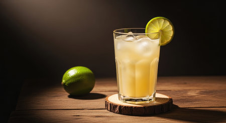 Cocktail with ice and lime on wooden table in dark room