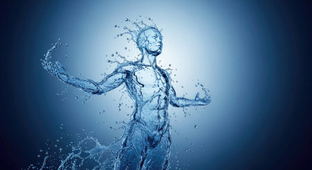 Water splashes and human body on blue background. 3d rendering