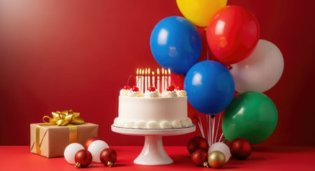 Birthday cake with candles, gifts and balloons on a red background