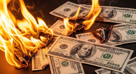 Burning dollar banknotes on a dark background. The concept of financial crisisの写真素材