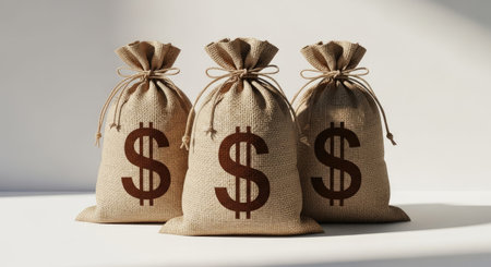 Three burlap sacks with dollar signs on white background. 3D renderingの写真素材