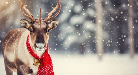 reindeer wearing red scarf and christmas bell in snowy forest
