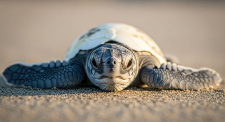 Close up of a baby sea turtle on the sand at sunset.