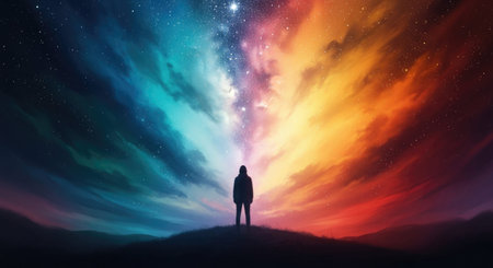 Silhouette of a man standing in front of a colorful starry sky