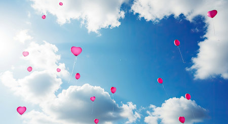 Pink heart shaped balloons in the blue sky with clouds. Valentines day background
