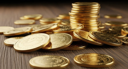 Pile of gold coins on wooden background. Business and finance concept.