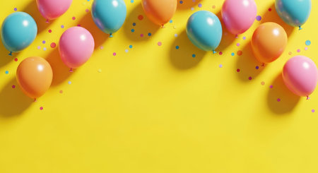 Colorful balloons and confetti on yellow background. Flat lay, top viewの写真素材
