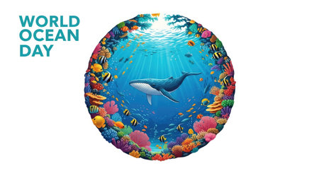 World Ocean Day banner with underwater world and marine life. Vector illustration.の写真素材