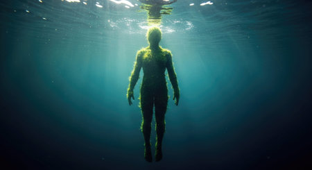 Underwater view of a woman in a mask swimming underwater in the oceanの写真素材
