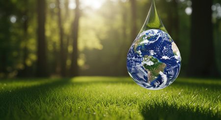 Conceptual image of water drop with Earth planet instead of water dropの写真素材