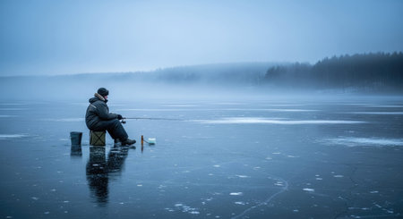 Fisherman with fishing rod on frozen lake in misty morningの写真素材