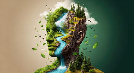 Human head with nature world and forest background. 3d illustration.
