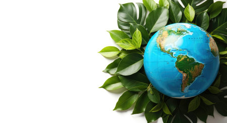 Globe and green leaves on white background, top view. Space for text