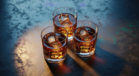 Glasses of whiskey with ice cubes on blue background, close up