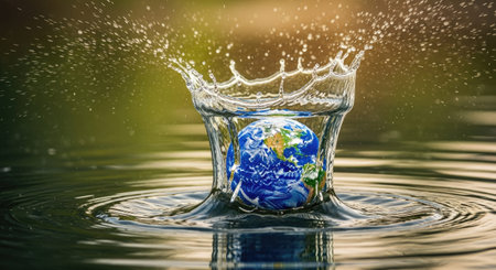 Planet Earth in water with splashes and drops of water in the background