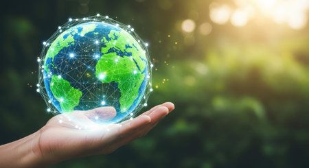 Hand holding Earth planet on blurred nature background. Global business concept.