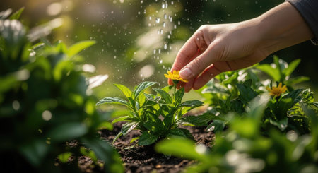 Woman's hand watering plants in the garden. Gardening concept.の写真素材
