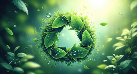 Ecology concept with green leaves and water drops. 3d renderingの写真素材