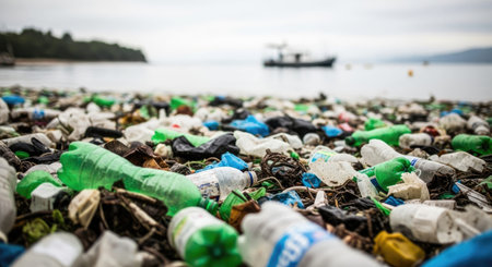 Plastic waste on the beach. Plastic trash on the sea shore.