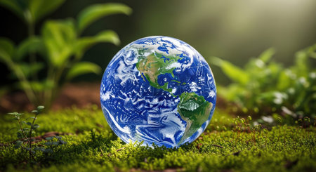 Earth globe on the green moss background. Elements of this image furnished by NASAの写真素材