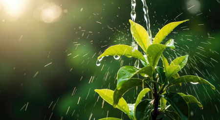 Green tea leaves with drops of water in the morning, nature background