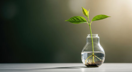 Green seedling in a glass vase with soil on the table