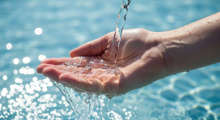 Closeup of female hands holding water in swimming pool with bokeh background
