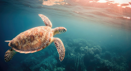 Green sea turtle swimming in the blue ocean. 3d rendering.の写真素材