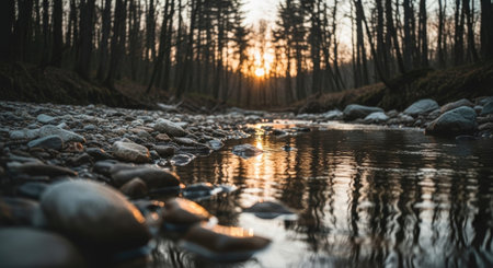 Sunset over a river in the forest. Shallow depth of field.