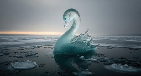 Swan on the ice floe in winter.