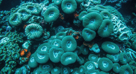 Underwater view of a coral reef with hard corals and fishの写真素材
