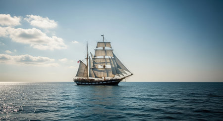 Sailboat in the open sea on a background of blue skyの写真素材
