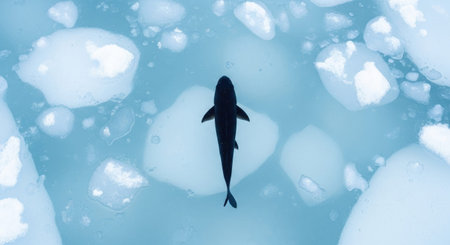 Aerial view of a small fish in an ice floe.