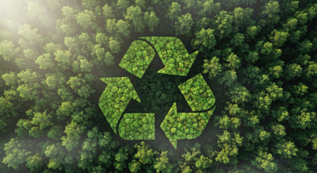 Recycling symbol on green forest background. Environment conservation concept.の写真素材