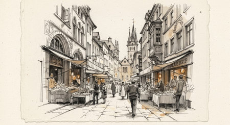 A blurry image of a city street with people walking on the sidewalk and tall buildings on either sideの写真素材