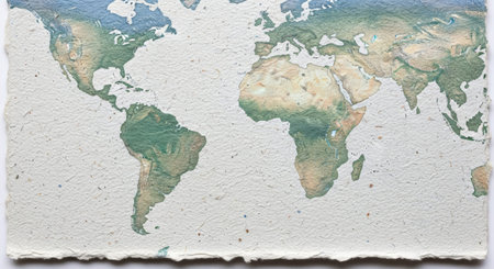 A distressed illustration of a world map showing continents and oceans with a torn paper effectの写真素材