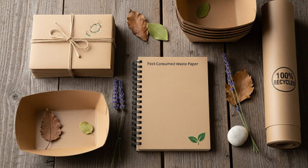 A collection of sustainable paper products, including notebooks, bowls, and gift boxes, arranged on...