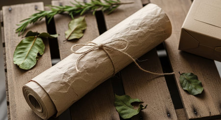 A rolled-up parchment tied with twine on a wooden pallet surrounded by green leaves and a cardboard...