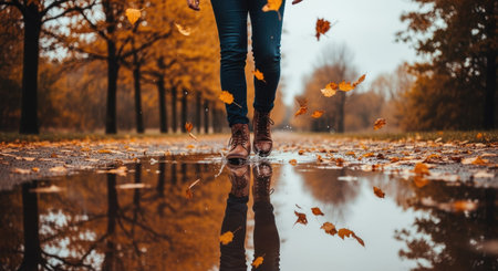 A serene puddle reflects trees on a crisp autumn day, symbolizing the importance of water conservation on World Water Dayの写真素材