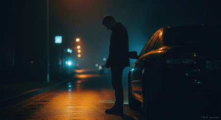 A silhouette of a person on a rainy city street at night.の写真素材