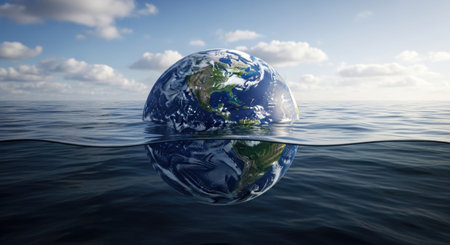 An image depicting Earth partially submerged in water, symbolizing the importance of water...