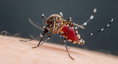 A mosquito on human skin emphasizing World Water Day themes of water conservation and disease...