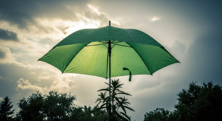 A green umbrella shields a plant from rain, symbolizing protection and conservation on World Water Day, highlighting importance of water preservation.の写真素材
