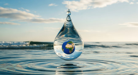 A symbolic image of a water droplet reflecting the Earth, highlighting the importance of water...