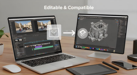 A laptop and monitor displaying editing software with a seamless transition, on a desk with various devices and accessories.の写真素材